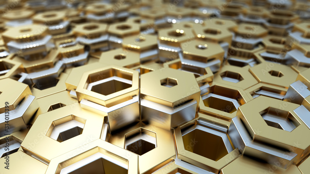 Wall mural abstract 3d illustration wall background. white and shiny hexagonal structure selective focus macro 