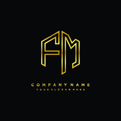 Initial letter FM, minimalist line art monogram hexagon logo, gold color