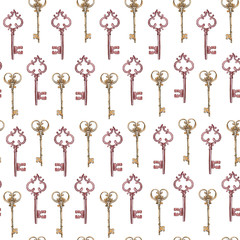 Watercolor pattern, antique retro keys. Heart shape, love. The keys to my heart. Wrapping paper, seamless pattern, print for fabric, packaging.