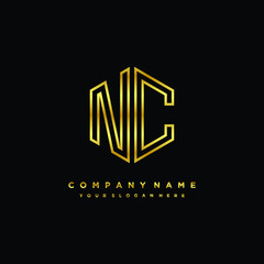 Initial letter NC , minimalist line art monogram hexagon logo, gold color