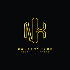 Initial letter NX , minimalist line art monogram hexagon logo, gold color