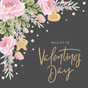 Valentine's day greeting card with flowers, sweets, branches, romantic elements and handwritten text.  Vector illustration. Template for invitation, greeting, greetings, posters.