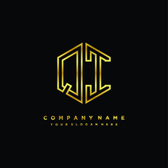 Initial letter QI, minimalist line art monogram hexagon logo, gold color