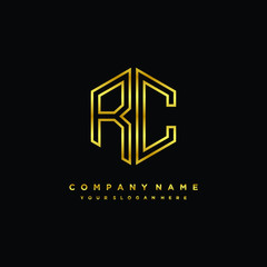 Initial letter RC, minimalist line art monogram hexagon logo, gold color