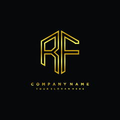 Initial letter RF, minimalist line art monogram hexagon logo, gold color