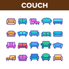 Couch Sofa Furniture Collection Icons Set Vector Thin Line. Vintage And Modern Comfortable Seat Couch For Living Room Or Office Concept Linear Pictograms. Color Contour Illustrations