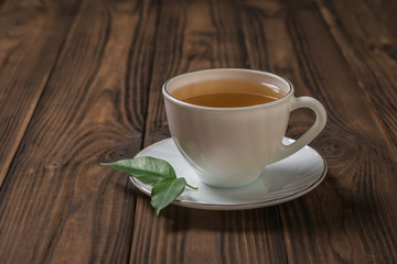 A Cup of tea with two green leaves on a wooden table.