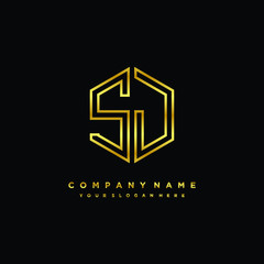 Initial letter SJ, minimalist line art monogram hexagon logo, gold color