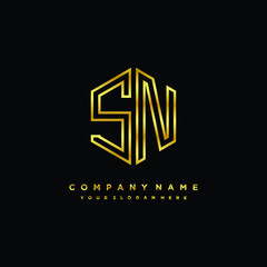 Initial letter SN, minimalist line art monogram hexagon logo, gold color