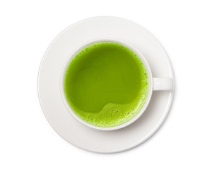 Cup of green tea matcha isolated on white background, Top view with clipping path.