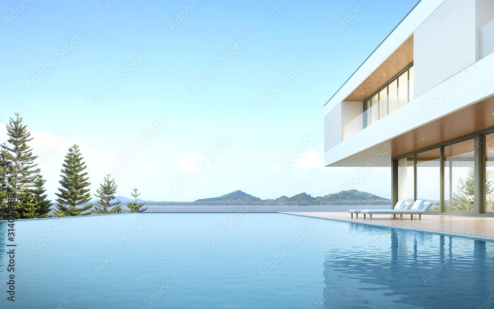 Poster Perspective of luxury modern house with swimming pool in day time on pine trees and  sea background, Idea of minimal architecture design. 3D rendering.