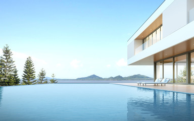 Perspective of luxury modern house with swimming pool in day time on pine trees and  sea background, Idea of minimal architecture design. 3D rendering.