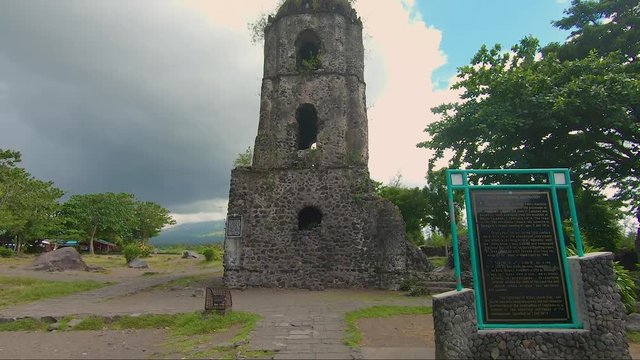 What was left of the church during the eruption of Mayon Volcano in February 1814.