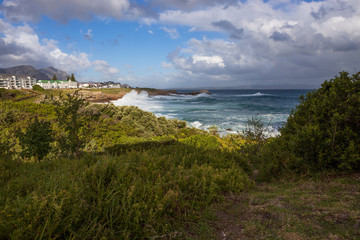 A panorama of the ocean in Hermanus, South Africa a town known for whale watching
