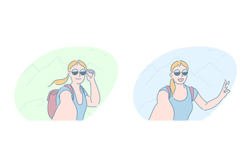 Selfie outside, woman taking pictures concept