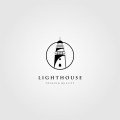line art lighthouse logo tower in circle frame vector illustration design