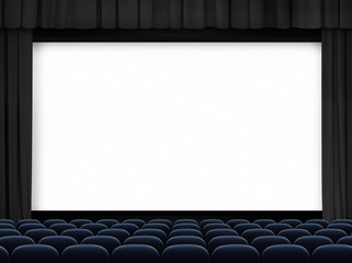 cinema big screen with black curtain frame and blue seats - obrazy, fototapety, plakaty