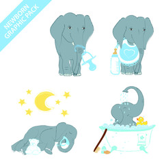 Cute elephant baby boy celebrating newborn isolated on white background - vector illustration set collection