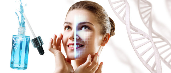 Technological scanning of female face among DNA stems. - 314021375