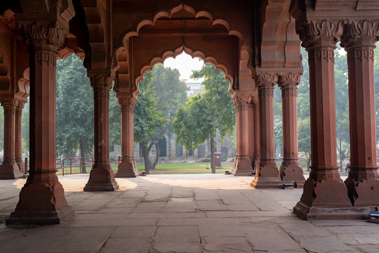 Inside the arcade area with arches in the Red Fort of Delhi India