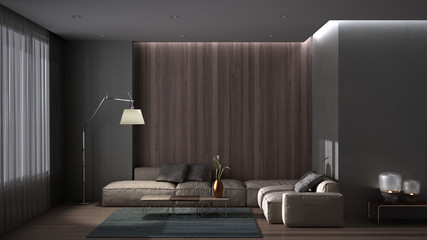 Luxury minimal living room with parquet floor, concrete wall and wooden panel, large sofa with pillows, carpet and coffee table, floor lamp and curtains. Contemporary interior design
