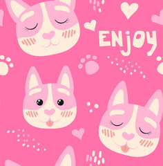 Seamless pattern. Cute faces of cats on the background of various graphic elements. Flat illustration.