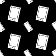 Seamless pattern with digital devices on black backdrop. Flat style design. Vector illustration.