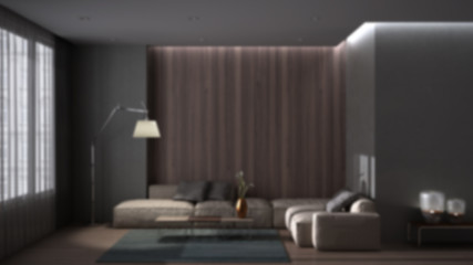 Blur background interior design, luxury minimal living room with parquet floor, concrete wall, wooden panel, sofa, carpet and coffee table, lamp and curtains
