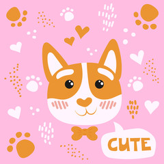 Obraz na płótnie Canvas Cute cat face. Flat vector illustration on the background of various graphic elements.