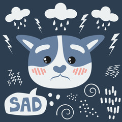 Cute cat face. Flat vector illustration on the background of various graphic elements. The emotion of sadness.