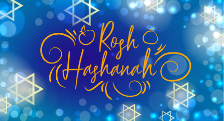 Jewish New Year holiday poster design. Blue background with glowing light effects. Vector illustration.
