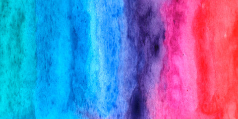 Abstract watercolor background bright pink red purple violet blue green with red spot. Hand drawn. The texture of the paper