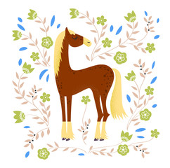 Horse pattern design. Cartoon character with floral elements and text. Vector illustration.