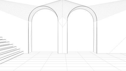 Blueprint project draft, imaginary fictional architecture, interior design of empty space with arched window, staircase, concrete walls, terrace