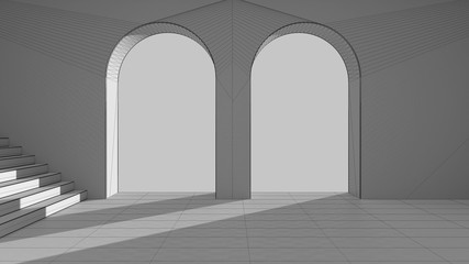Unfinished project draft, imaginary fictional architecture, interior design of empty space with arched window, staircase, concrete walls, terrace