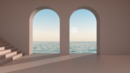 Blur background interior design, imaginary fictional architecture, empty space with arched window, staircase, concrete walls, terrace