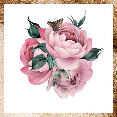 Greeting card with rose flowers, can be used as invitation card for wedding, birthday and other holiday and  summer background. Botanical art. Watercolor © ola-la