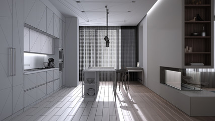 Architect interior designer concept: unfinished project that becomes real, luxury minimal living room, kitchen with island and stools, parquet, fireplace, windows with curtains