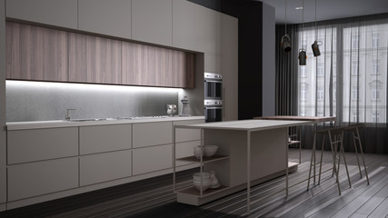 Luxury minimal dining room in beige and gray tones, kitchen with island and stools, decors, pendant lamps, parquet, fireplace, windows with curtains. Contemporary interior design