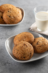 Chocolate chip cookies with milk on grey table. Copy space.