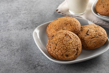 Chocolate chip cookies with milk on grey table. Copy space.