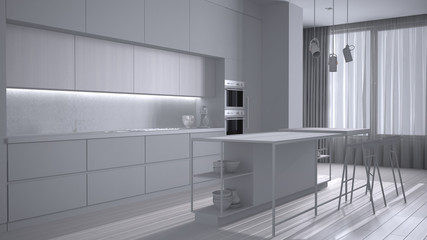 Total white project draft, luxury minimal living room, kitchen with island and stools, decors, pendant lamps, parquet, fireplace, windows with curtains. Contemporary interior design