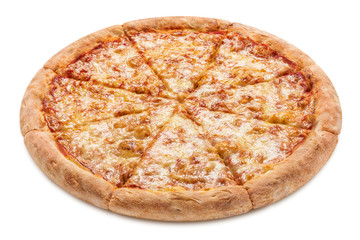 Delicious pizza Margherita (tomato sauce and mozzarella), isolated on white background