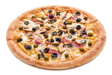 Delicious pizza with bacon, champignon mushrooms, capers and olives, isolated on white background