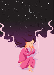 Poster with sleeping girl in cartoon style. Use it for web or print advertisement creating. Vector illustration.