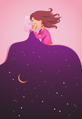 Poster with sleeping girl in cartoon style. Use it for web or print advertisement creating. Vector illustration.