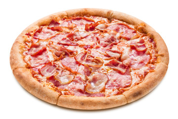 Delicious pizza with ham, bacon, mozzarella and tomato sauce, isolated on white background