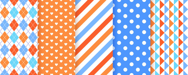 Scrapbook background. Seamless pattern. Vector. Cute scrap design. Textures with stripe, polka dot, heart, rhombus, triangle. Chic packing paper. Trendy blue orange print. Color backdrop illustration.