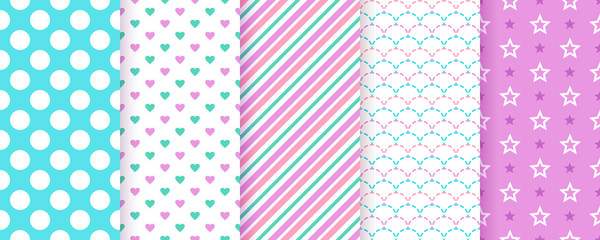 Scrapbook background. Seamless pattern. Vector. Cute scrap design. Textures with polka dot, stripe, heart, star, fish scale. Chic packing paper. Trendy blue purple print. Color backdrop illustration.