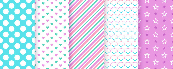 Scrapbook background. Seamless pattern. Vector. Cute scrap design. Textures with polka dot, stripe, heart, star, fish scale. Chic packing paper. Trendy blue purple print. Color backdrop illustration.